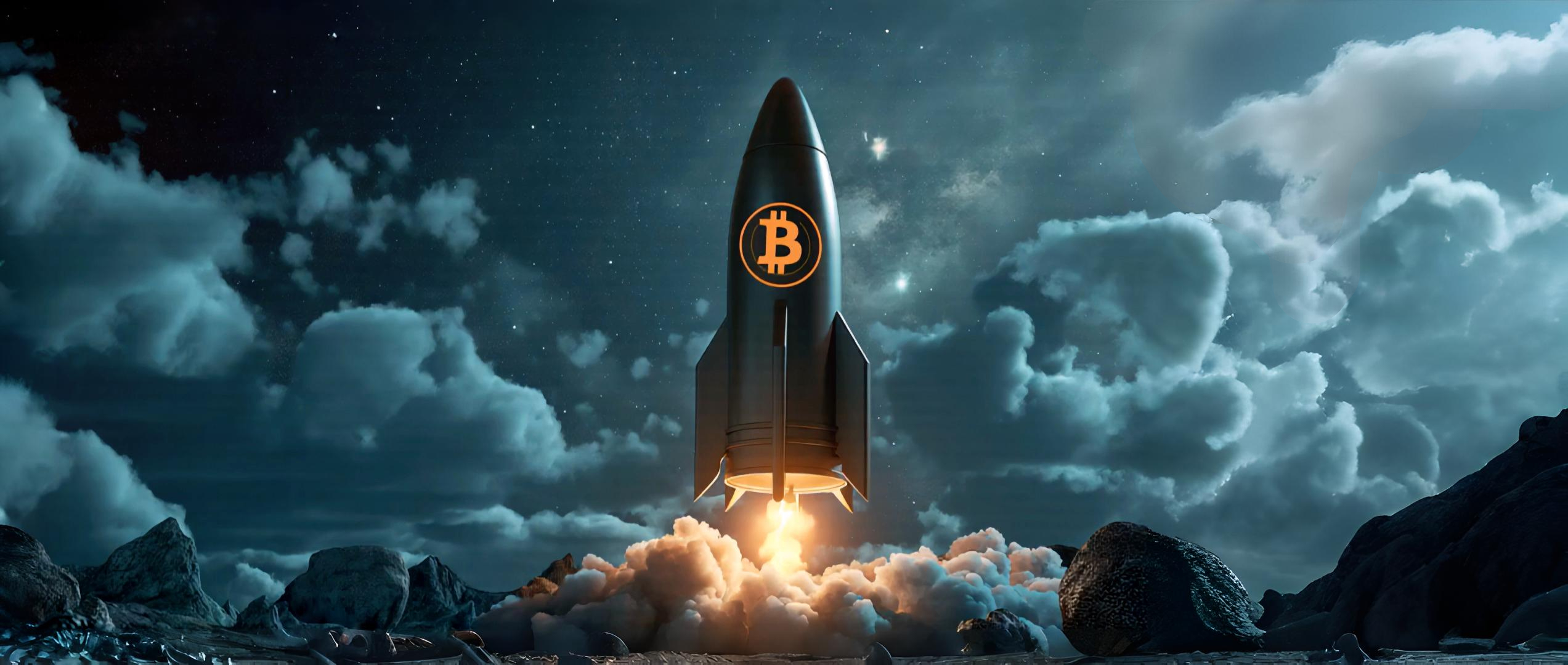 Space background with Bitcoin rocket